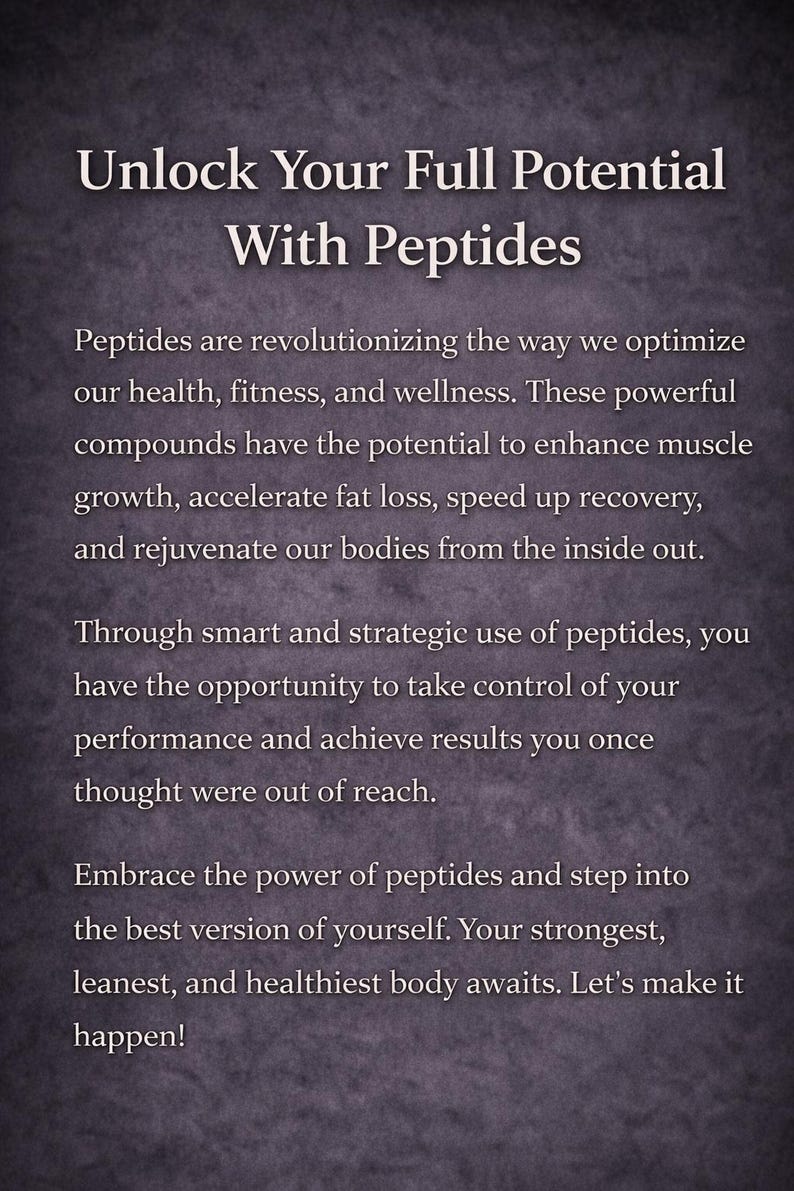 Pu&ograve; includere: Testo bianco su sfondo scuro: "Unlock Your Full Potential With Peptides". Il testo descrive i peptidi per migliorare la salute, il fitness e il benessere, promuovendo la crescita muscolare e la perdita di grasso per uno stile di vita pi&ugrave; sano.