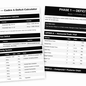May include: Three white sheets of paper with black text detailing a fitness plan. The sheets include a calorie calculator, a protein priority system, and a workout schedule with exercises, sets, and reps.