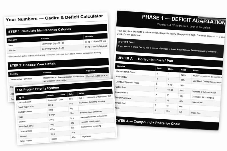 May include: Three white sheets of paper with black text detailing a fitness plan. The sheets include a calorie calculator, a protein priority system, and a workout schedule with exercises, sets, and reps.