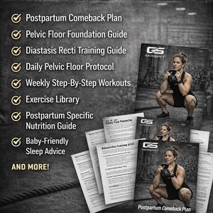Peut inclure: Image d'un guide de programme de remise en forme intitul&eacute; "What's Included". Le guide &eacute;num&egrave;re plusieurs sujets, notamment un plan de retour apr&egrave;s l'accouchement et des entra&icirc;nements hebdomadaires &eacute;tape par &eacute;tape. L'image montre &eacute;galement une femme s'entra&icirc;nant avec un kettlebell.