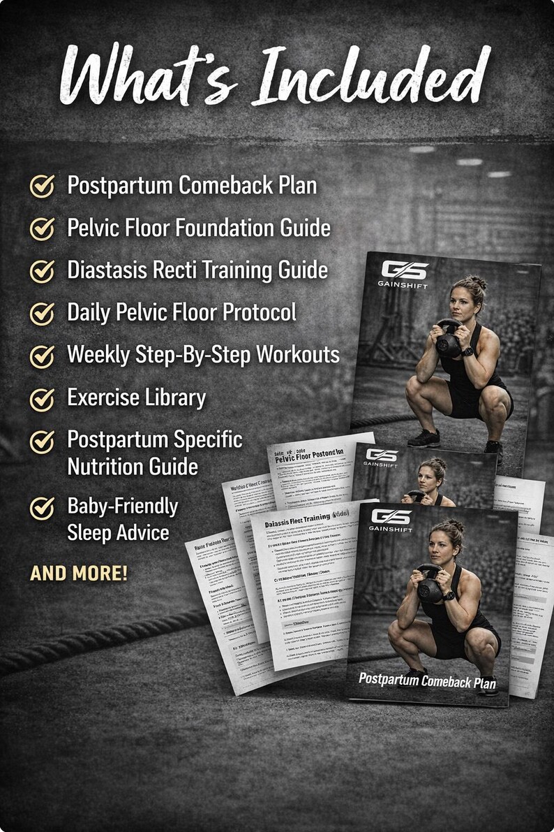 Peut inclure: Image d'un guide de programme de remise en forme intitul&eacute; "What's Included". Le guide &eacute;num&egrave;re plusieurs sujets, notamment un plan de retour apr&egrave;s l'accouchement et des entra&icirc;nements hebdomadaires &eacute;tape par &eacute;tape. L'image montre &eacute;galement une femme s'entra&icirc;nant avec un kettlebell.