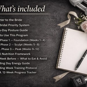May include: A notebook, pen, and dumbbells are arranged with flowers and earrings on a dark surface. The text "What's included" is at the top, with a list of items such as "A Letter to the Bride" and "12-Week Progress Tracker". The dumbbells are marked with "10 LB".