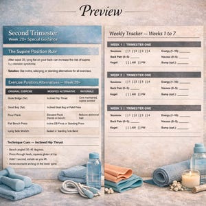 Puede incluir: Una gu&iacute;a de ejercicios prenatales con texto que detalla las modificaciones de los ejercicios para el segundo trimestre. Incluye un rastreador semanal, alternativas de ejercicios e indicaciones t&eacute;cnicas. Presenta botellas de agua, toallas, una vela y una cuerda para saltar.