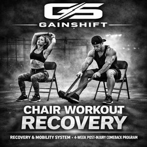 May include: Monochrome image showing two people using chairs for exercise. The text "GAINSHIFT" and "CHAIR WORKOUT RECOVERY" are visible. The image promotes a recovery and mobility system.