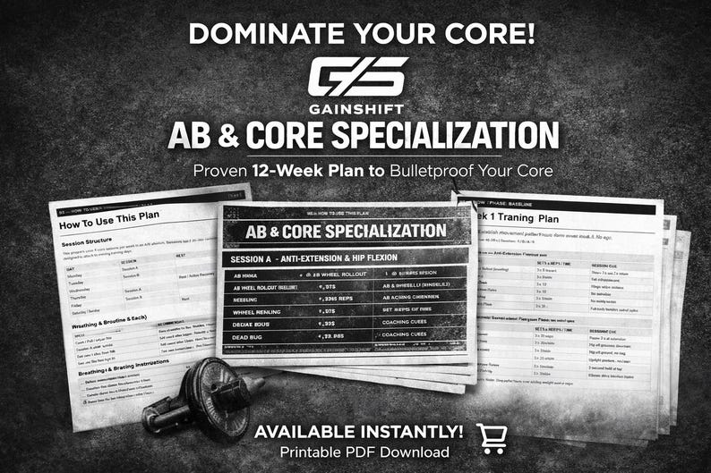 Może przedstawiać: Czarno-biała grafika promująca program AB & Core Specialization. Obraz przedstawia ułożone w stos arkusze planu treningowego, rolkę do k&oacute;ł i tekst "DOMINATE YOUR CORE!" oraz "Sprawdzony 12-tygodniowy plan, aby uodpornić Tw&oacute;j rdzeń."