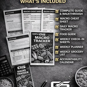 May include: A grayscale image featuring a macro tracker with the text "SIMPLE MACRO TRACKER" and "WHAT'S INCLUDED." The image includes a calculator, a pen, a smartphone, and several sheets of paper with text and checkmarks. The Gainshift logo is also visible.