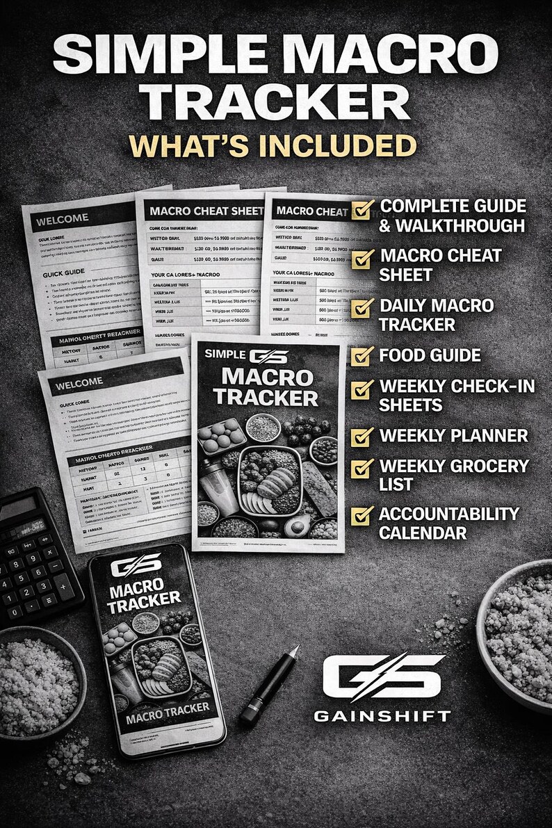 May include: A grayscale image featuring a macro tracker with the text "SIMPLE MACRO TRACKER" and "WHAT'S INCLUDED." The image includes a calculator, a pen, a smartphone, and several sheets of paper with text and checkmarks. The Gainshift logo is also visible.