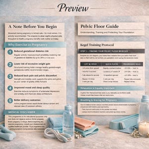 Puede incluir: Una gu&iacute;a de bienestar con texto sobre el ejercicio durante el embarazo, incluyendo beneficios como la reducci&oacute;n del riesgo de diabetes gestacional. La imagen incluye una botella de agua, toallas, una cuerda para saltar y una vela.