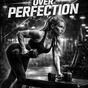 K&ouml;nnte beinhalten: Schwarz-Wei&szlig;-Bild einer Frau, die im Fitnessstudio Hanteln hebt. Der Text "PROGRESS OVER PERFECTION" steht oben und "CONSISTENCY IS THE KEY" unten. Die Frau tr&auml;gt Sportkleidung.