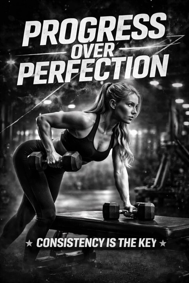 K&ouml;nnte beinhalten: Schwarz-Wei&szlig;-Bild einer Frau, die im Fitnessstudio Hanteln hebt. Der Text "PROGRESS OVER PERFECTION" steht oben und "CONSISTENCY IS THE KEY" unten. Die Frau tr&auml;gt Sportkleidung.