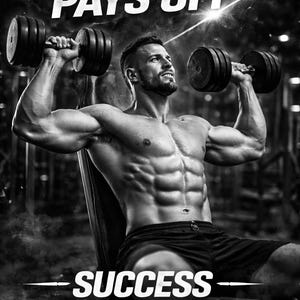 Puede incluir: Imagen en blanco y negro de una persona levantando pesas. El texto "HARD WORK PAYS OFF" est&aacute; en la parte superior y "SUCCESS IS EARNED" en la inferior. Es un p&oacute;ster motivacional de fitness.