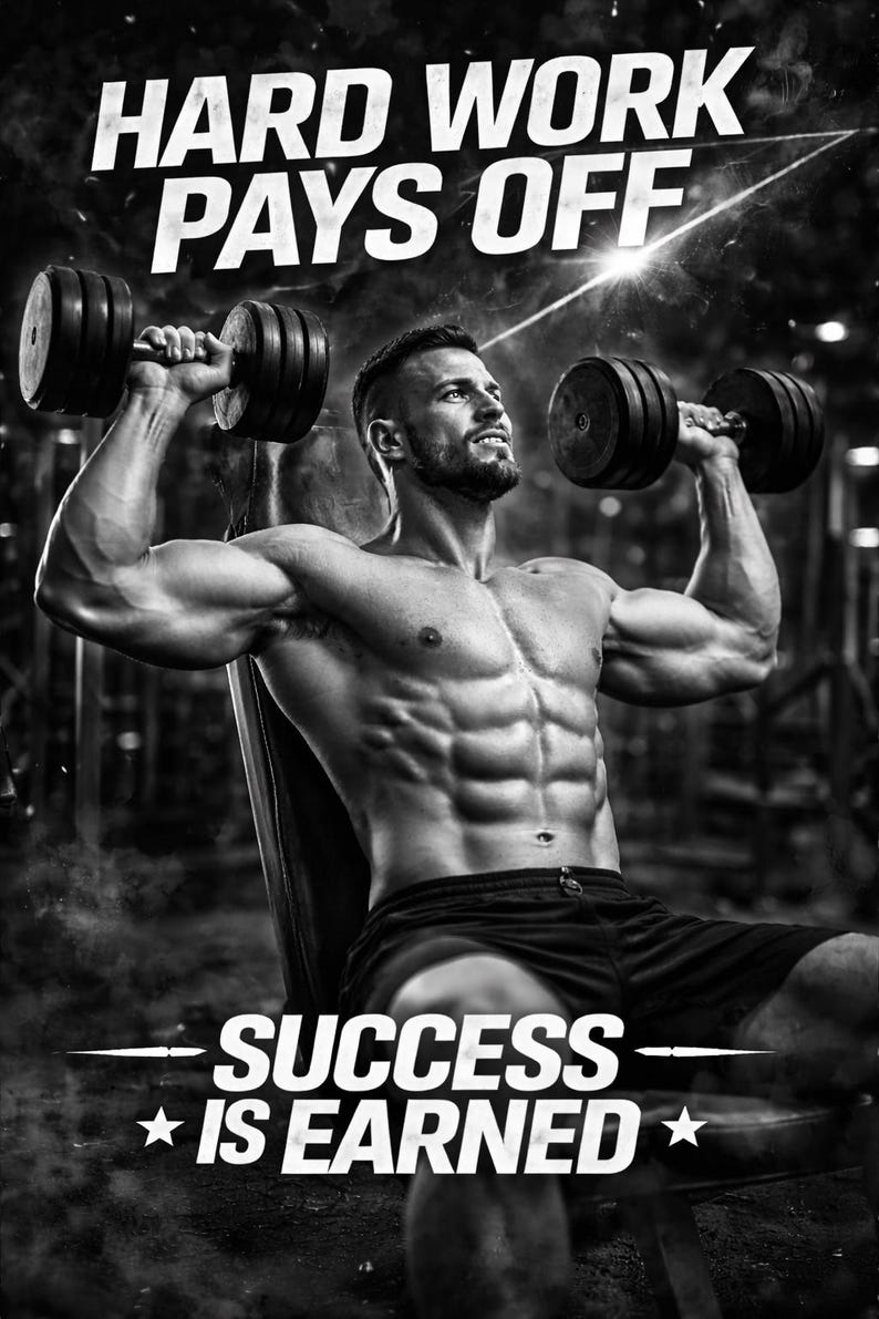 Puede incluir: Imagen en blanco y negro de una persona levantando pesas. El texto "HARD WORK PAYS OFF" est&aacute; en la parte superior y "SUCCESS IS EARNED" en la inferior. Es un p&oacute;ster motivacional de fitness.