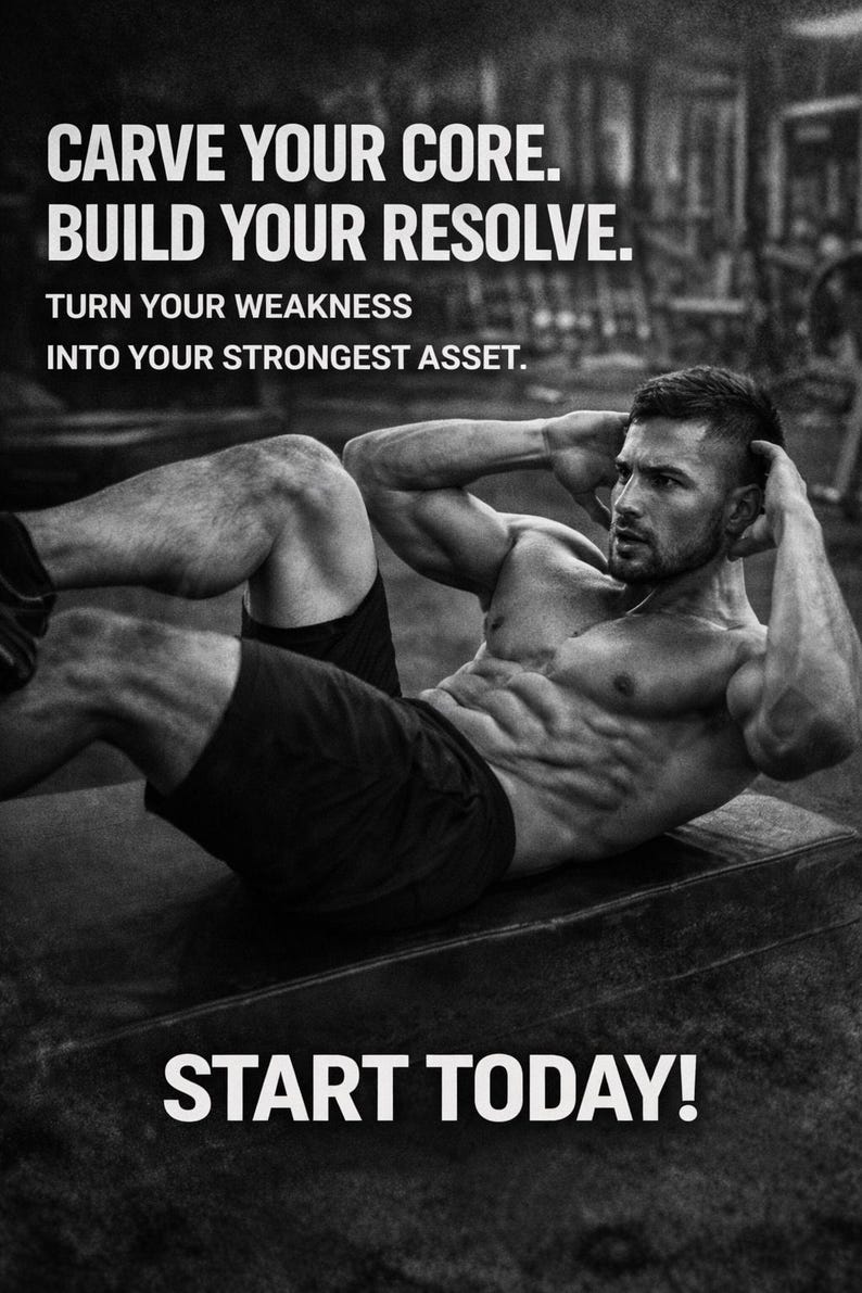 Może przedstawiać: Czarno-białe zdjęcie mężczyzny robiącego brzuszki. Tekst brzmi: "CARVE YOUR CORE. BUILD YOUR RESOLVE. TURN YOUR WEAKNESS INTO YOUR STRONGEST ASSET. START TODAY!" Temat fitness i treningu.
