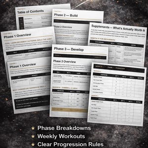 Puede incluir: Un conjunto de gu&iacute;as de entrenamiento impresas con el t&iacute;tulo "WHAT'S INCLUDED" en la parte superior. Las gu&iacute;as incluyen "Phase Breakdowns", "Weekly Workouts" y "Sample Phase 1 Routine". Las p&aacute;ginas son blancas con texto negro.