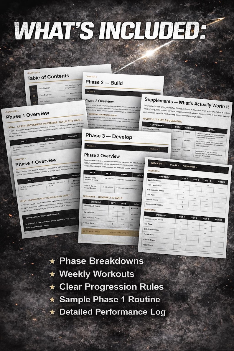 Puede incluir: Un conjunto de gu&iacute;as de entrenamiento impresas con el t&iacute;tulo "WHAT'S INCLUDED" en la parte superior. Las gu&iacute;as incluyen "Phase Breakdowns", "Weekly Workouts" y "Sample Phase 1 Routine". Las p&aacute;ginas son blancas con texto negro.