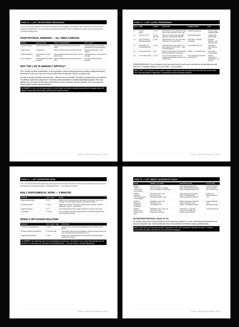 May include: Four-page document with black text on a white background. The pages detail the L-Sit exercise, including movement breakdown, physical demands, level progression, supporting work, and weekly sessions. The document is designed for fitness training.