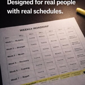 May include: A weekly training schedule printed on a white sheet of paper. The text "Built by coaches. Designed for real people with real schedules" is at the top. The schedule includes training and recovery days.