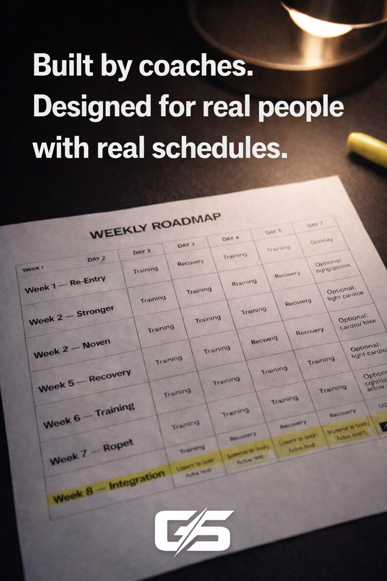 May include: A weekly training schedule printed on a white sheet of paper. The text "Built by coaches. Designed for real people with real schedules" is at the top. The schedule includes training and recovery days.