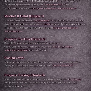 May include: A dark pink graphic with the text "WHAT ELSE IS INCLUDED" at the top. The image lists exercise guides, mindset and habit tips, progress tracking logs, and a closing letter. The word "GAINSHIFT" is at the bottom.