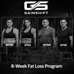 May include: Black and white image showcasing a fitness program's results. The image features four side-by-side photos: two women and two men, each with a "Before" and "After" transformation. The program is labeled "Gainshift" and promotes an "8-Week Fat Loss Program."