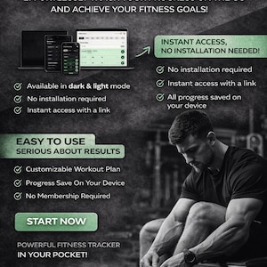 May include: An advertisement for a fitness tracker. The image shows a man tying his shoe, with a laptop, phone, and tablet displaying the app interface. Text includes "Track Your Fitness Anytime, Anywhere" and "Start Now."