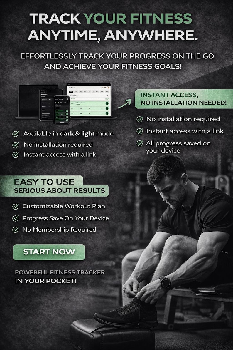 May include: An advertisement for a fitness tracker. The image shows a man tying his shoe, with a laptop, phone, and tablet displaying the app interface. Text includes "Track Your Fitness Anytime, Anywhere" and "Start Now."