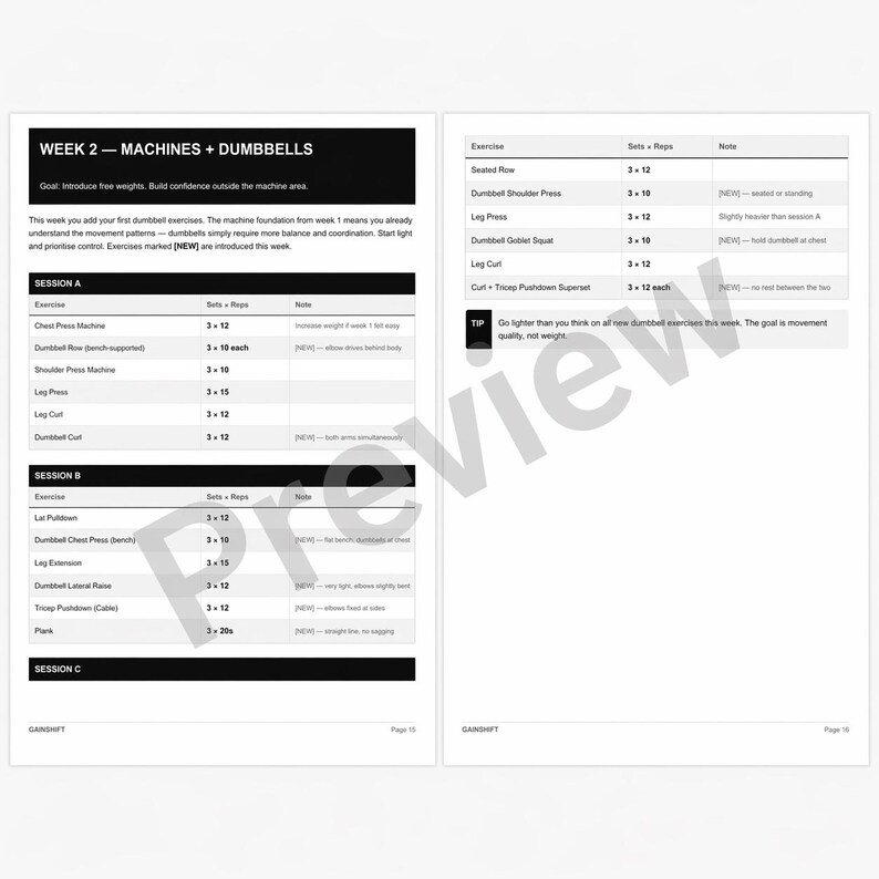 K&ouml;nnte beinhalten: Eine schwarz-wei&szlig;e Seite eines Fitness-Leitfadens mit dem Titel "WEEK 2 - MACHINES + DUMBBELLS". Die Seite enth&auml;lt &Uuml;bungsroutinen mit S&auml;tzen und Wiederholungen f&uuml;r verschiedene Workouts, wie z. B. Seated Row und Leg Press. Der Leitfaden gibt Tipps.