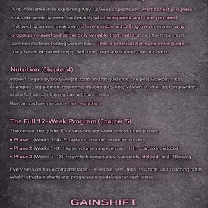 May include: A digital guide titled "WHAT'S IN THE GUIDE" with sections on science, nutrition, and a 12-week program. The guide covers topics like muscle growth, nutrition, and workout phases. The word "GAINSHIFT" is at the bottom.