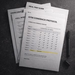 May include: A collection of white printed sheets with fitness information, including a meal prep guide and a workout tracker. A black pen rests on the dark surface. Text on the papers reads: "Ready whenever you are."