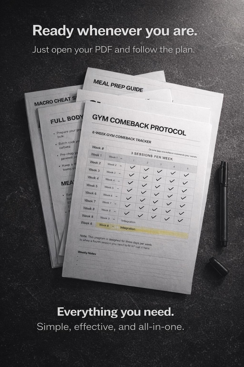 May include: A collection of white printed sheets with fitness information, including a meal prep guide and a workout tracker. A black pen rests on the dark surface. Text on the papers reads: "Ready whenever you are."