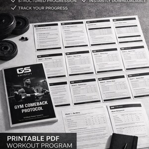May include: A monochrome image of a fitness program with the text "8-WEEK RESET GYM COMEBACK PROTOCOL" and "PRINTABLE PDF WORKOUT PROGRAM". The image includes workout sheets, a notebook, and dumbbells, indicating a structured fitness plan.