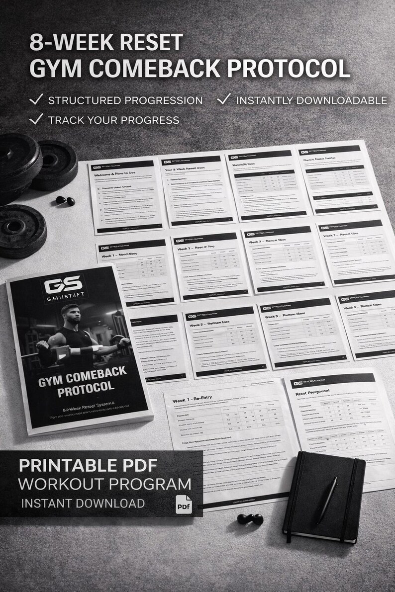 May include: A monochrome image of a fitness program with the text "8-WEEK RESET GYM COMEBACK PROTOCOL" and "PRINTABLE PDF WORKOUT PROGRAM". The image includes workout sheets, a notebook, and dumbbells, indicating a structured fitness plan.