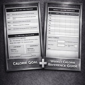 Puede incluir: Gr&aacute;fico en escala de grises con el texto "What's Included" en la parte superior. La imagen presenta dos paneles rectangulares con texto y gr&aacute;ficos. Un panel se titula "How to Use This Tracker" y el otro "Weekly Calorie Overview". Debajo, el texto "Calorie Goal" y "Weekly Calorie Reference Guide".