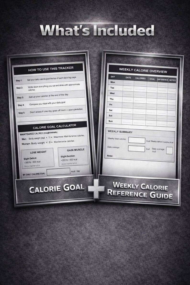 Puede incluir: Gr&aacute;fico en escala de grises con el texto "What's Included" en la parte superior. La imagen presenta dos paneles rectangulares con texto y gr&aacute;ficos. Un panel se titula "How to Use This Tracker" y el otro "Weekly Calorie Overview". Debajo, el texto "Calorie Goal" y "Weekly Calorie Reference Guide".