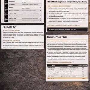 K&ouml;nnte beinhalten: Vorschau eines Fitness-Ratgebers mit Inhaltsverzeichnis und Kapitelerl&auml;uterungen. Der Text enth&auml;lt Abschnitte zu Ern&auml;hrung, Bewegung und Essenszeitpunkt, mit Beispielen f&uuml;r Essenspl&auml;ne und Proteinmengen. Der Hintergrund ist ein strukturierter, dunkelgrauer Farbton.