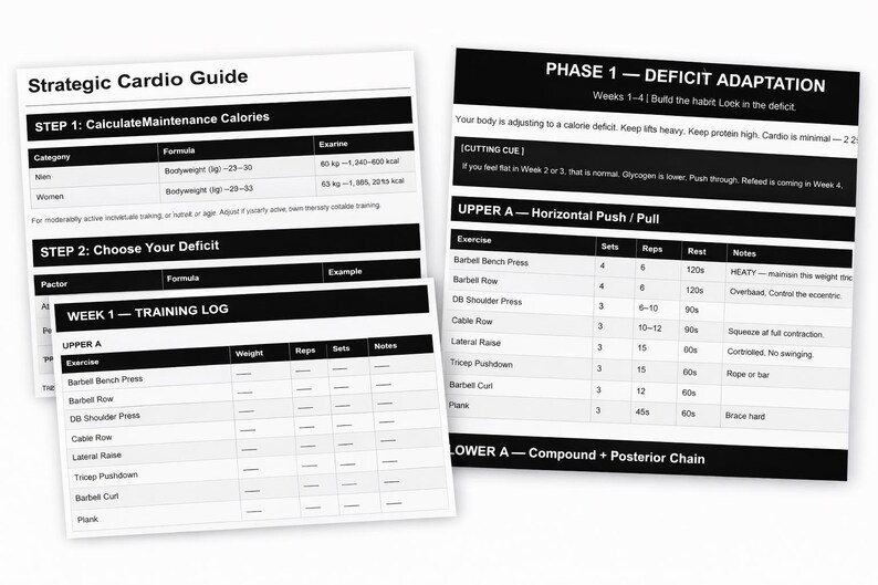 May include: Two white sheets of paper with black text detailing a workout plan. One sheet is titled "Strategic Cardio Guide" and the other "Phase 1 - Deficit Adaptation." The workout plan includes exercises, sets, reps, and rest times.