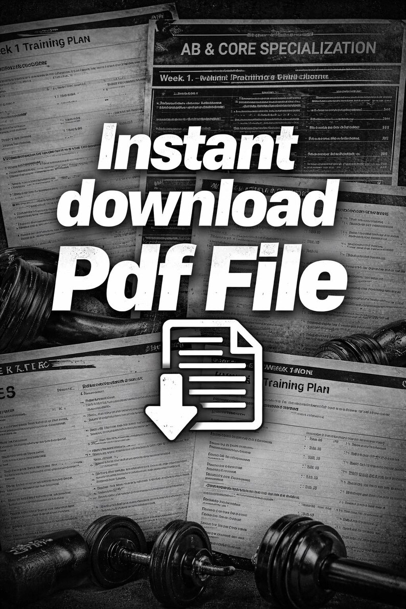 K&ouml;nnte beinhalten: Schwarz-Wei&szlig;-Bild mit dem Text "Instant download Pdf File" vor einem Hintergrund aus Trainingspl&auml;nen und Hanteln. Ein wei&szlig;es Dokumentsymbol mit einem Pfeil nach unten ist ebenfalls vorhanden.