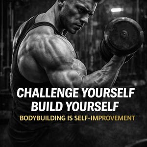 Może przedstawiać: Czarno-białe zdjęcie kulturysty podnoszącego hantle. Obraz zawiera tekst "CHALLENGE YOURSELF BUILD YOURSELF BODYBUILDING IS SELF-IMPROVEMENT" i logo Gainshift.
