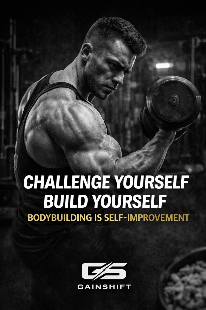 Może przedstawiać: Czarno-białe zdjęcie kulturysty podnoszącego hantle. Obraz zawiera tekst "CHALLENGE YOURSELF BUILD YOURSELF BODYBUILDING IS SELF-IMPROVEMENT" i logo Gainshift.