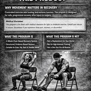 May include: Monochrome advertisement for a fitness program. The text at the top says "PLEASE READ THIS BEFORE YOU BUY THIS PRODUCT." The image shows a woman and a man exercising with resistance bands while seated. The program is for recovery.