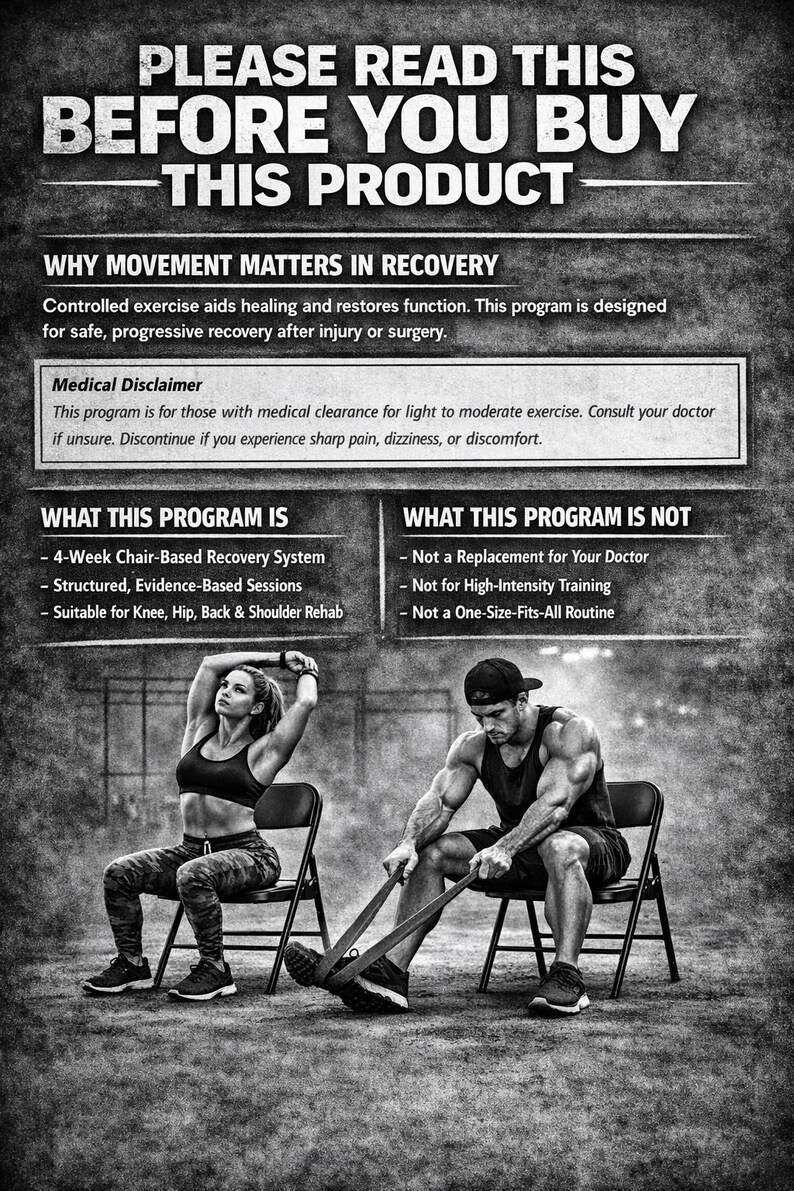 May include: Monochrome advertisement for a fitness program. The text at the top says "PLEASE READ THIS BEFORE YOU BUY THIS PRODUCT." The image shows a woman and a man exercising with resistance bands while seated. The program is for recovery.