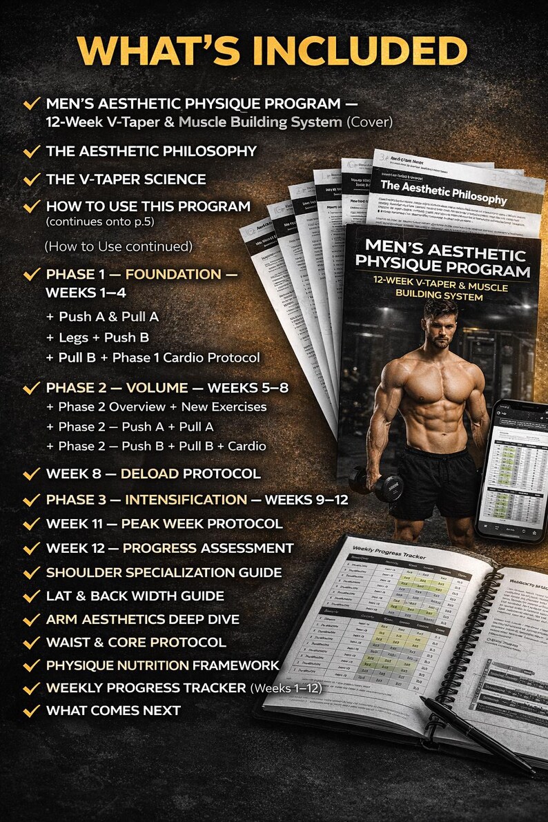 Men's Physique Program PDF | 12-Week V-Taper & Aesthetic Muscle Plan | Shoulders Arms Back | Male Gym Workout Download Bild 2