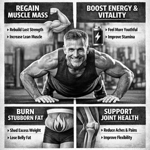 Może przedstawiać: Czarno-biała reklama fitness z tekstem "Why You Need Strength After 40". Reklama podkreśla korzyści, takie jak masa mięśniowa, energia i zdrowie staw&oacute;w. Mężczyzna robi pompki.