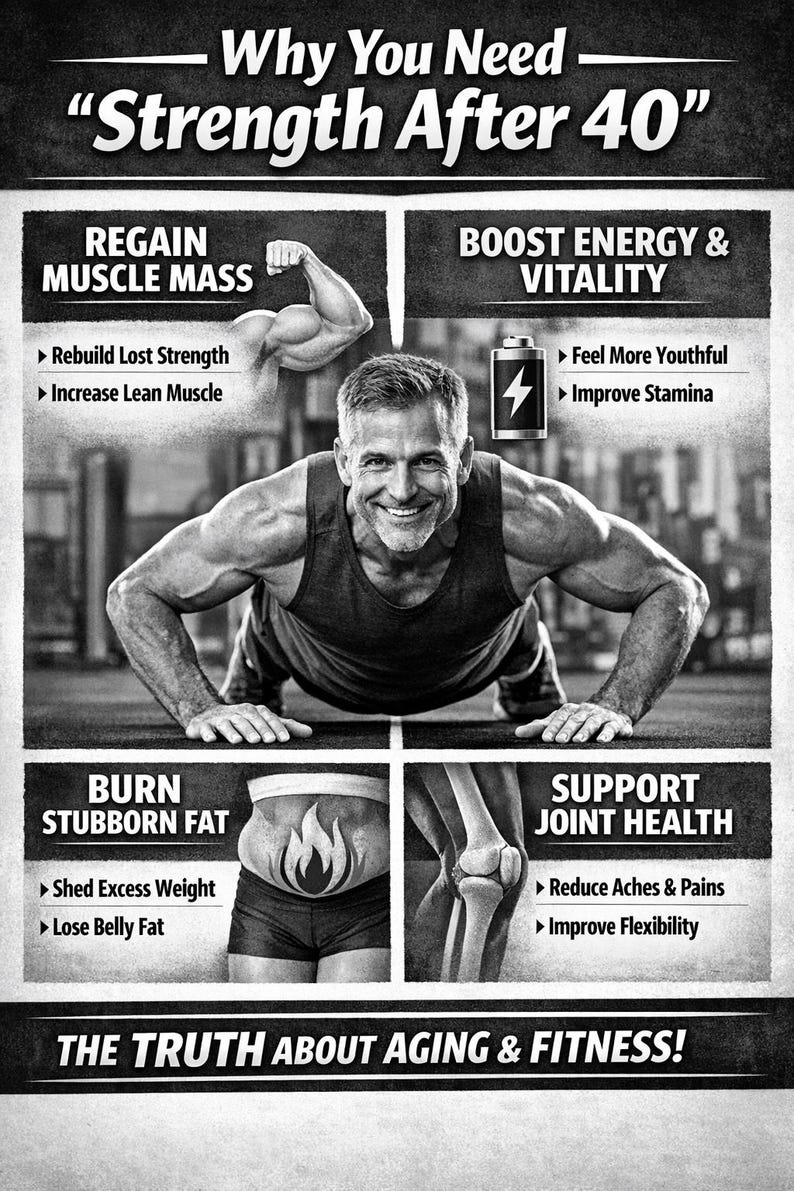 Może przedstawiać: Czarno-biała reklama fitness z tekstem "Why You Need Strength After 40". Reklama podkreśla korzyści, takie jak masa mięśniowa, energia i zdrowie staw&oacute;w. Mężczyzna robi pompki.