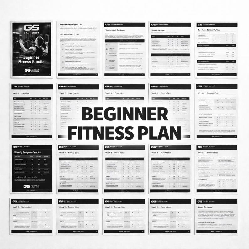 Może przedstawiać: Zestaw czarno-białych dokument&oacute;w fitness. Centralny dokument zawiera napis "BEGINNER FITNESS PLAN" dużymi, pogrubionymi literami. Zawiera plany treningowe i okładkę "Beginner Fitness Bundle".
