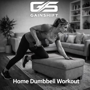 K&ouml;nnte beinhalten: Schwarz-Wei&szlig;-Bild einer Frau, die mit einer Hantel trainiert. Das Bild enth&auml;lt den Text "Home Dumbbell Workout" und das Logo "Gainshift". Die Frau tr&auml;gt Sportkleidung und befindet sich auf einer gepolsterten Bank.