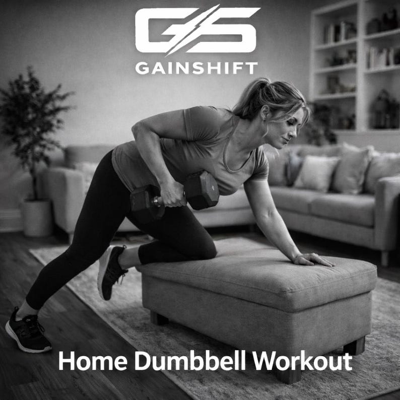 K&ouml;nnte beinhalten: Schwarz-Wei&szlig;-Bild einer Frau, die mit einer Hantel trainiert. Das Bild enth&auml;lt den Text "Home Dumbbell Workout" und das Logo "Gainshift". Die Frau tr&auml;gt Sportkleidung und befindet sich auf einer gepolsterten Bank.