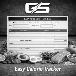 Puede incluir: Imagen en blanco y negro de un registro diario de alimentos con el texto "DAILY FOOD LOG - MONDAY" y "Easy Calorie Tracker". El registro incluye secciones para comidas, alimentos/bebidas, porciones y calor&iacute;as. Varios alimentos saludables est&aacute;n dispuestos alrededor del registro.