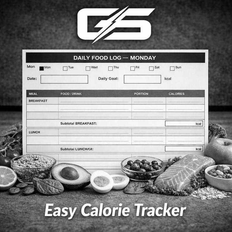 Puede incluir: Imagen en blanco y negro de un registro diario de alimentos con el texto "DAILY FOOD LOG - MONDAY" y "Easy Calorie Tracker". El registro incluye secciones para comidas, alimentos/bebidas, porciones y calor&iacute;as. Varios alimentos saludables est&aacute;n dispuestos alrededor del registro.