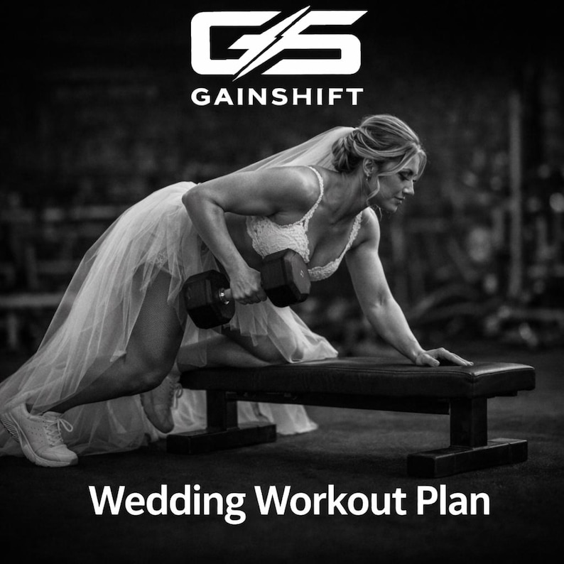 May include: Black and white image of a person in a wedding dress exercising with a dumbbell on a weight bench. The image has the text "Wedding Workout Plan" at the bottom and the "Gainshift" logo at the top.